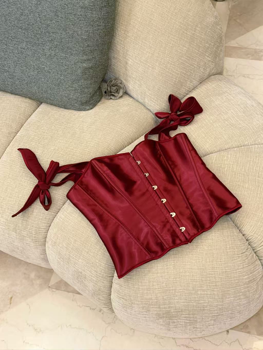 Scarlet Blossom Ribbon-Tie Corset Top