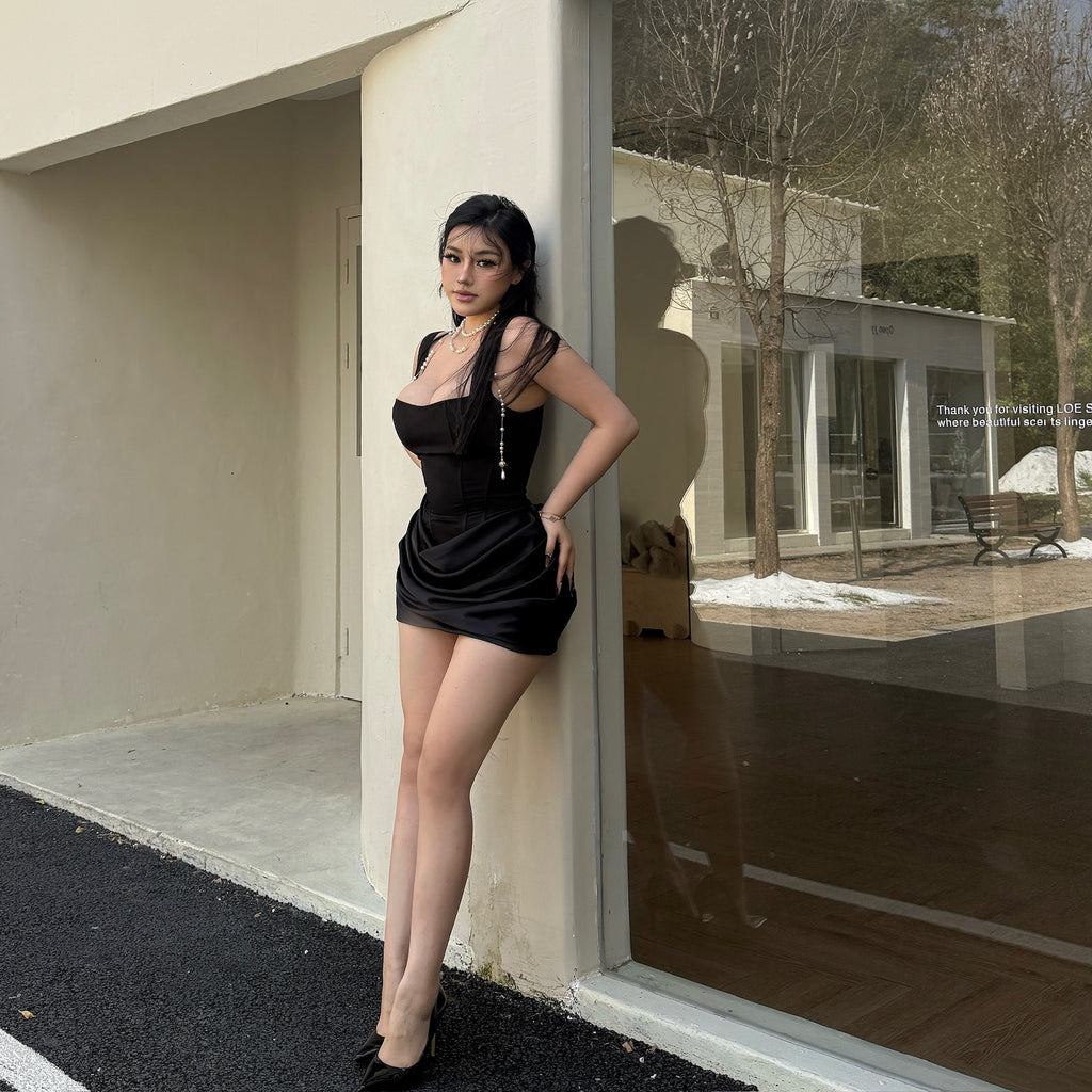 Noir Draped Corset Square Neck Mini Dress