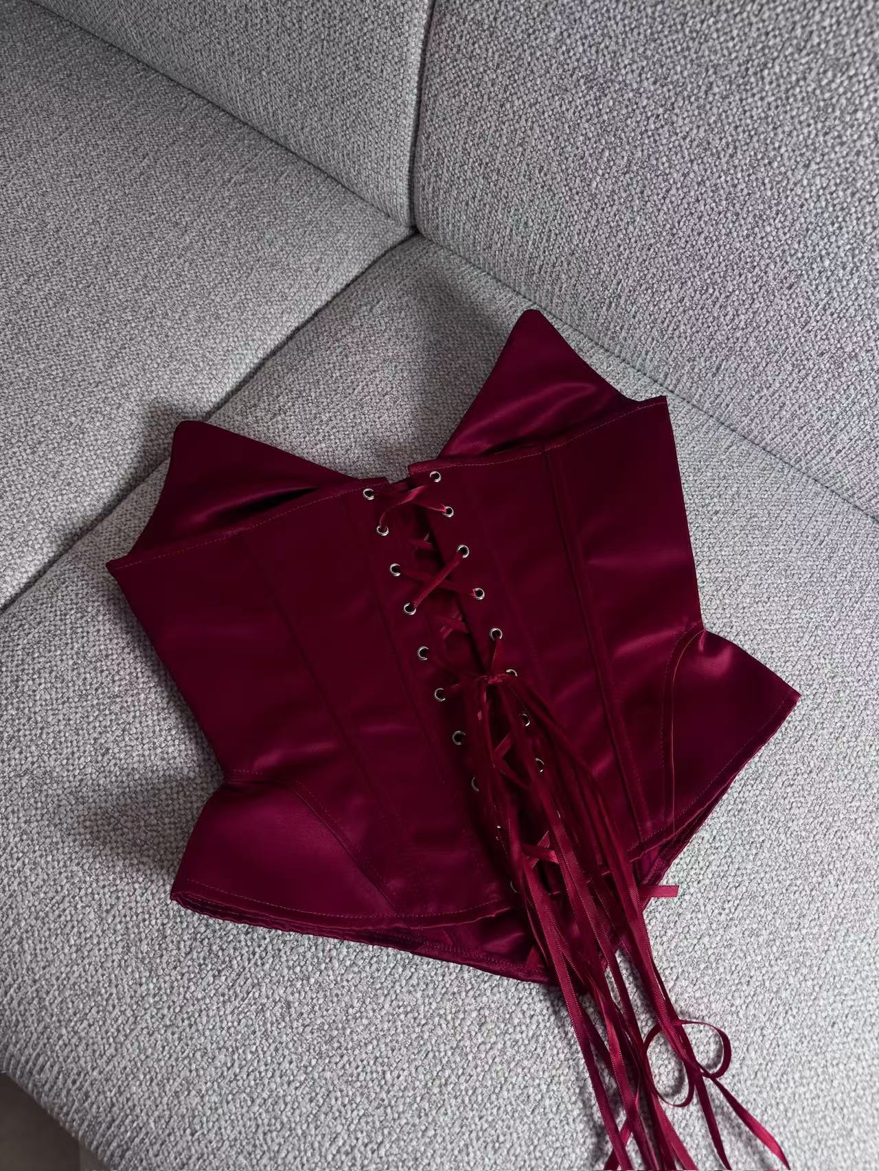 Crimson Desire Lace-Up Ribbon Corset Top