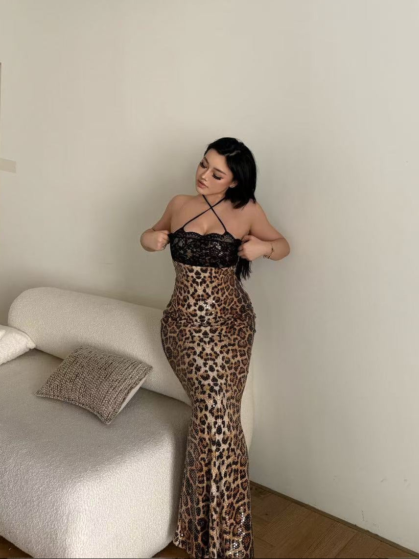 Leopard Lace Strappy Maxi Dress