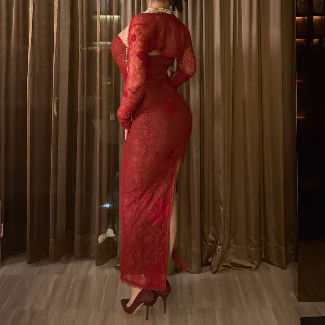 Crimson Red Lace Maxi Dress