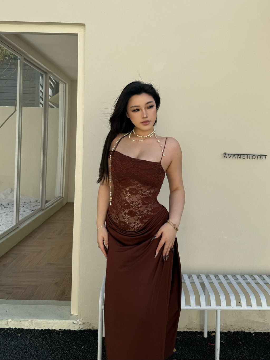 Brown Lace Strappy Maxi Dress