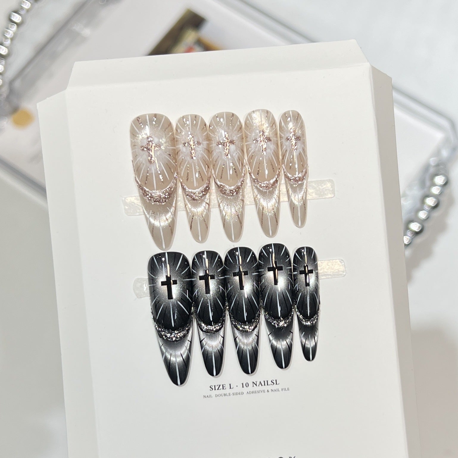 Midnight Smoke Gothic Cross & Silver Chrome Press-On Nails