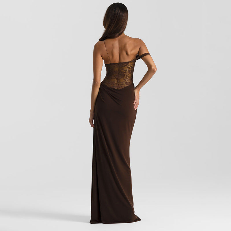 Brown Lace Strappy Maxi Dress