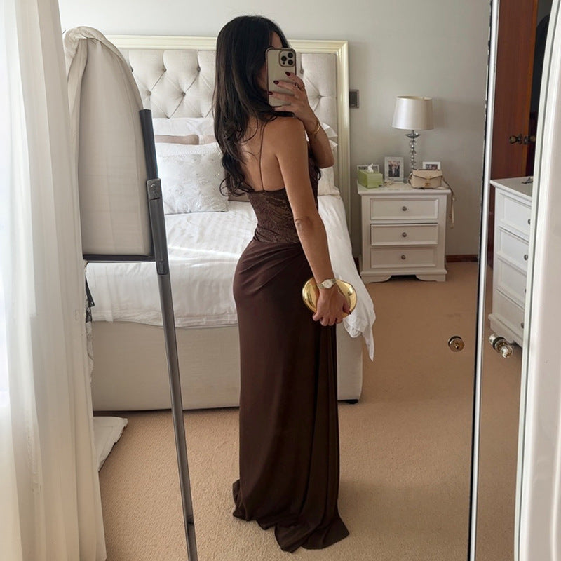 Brown Lace Strappy Maxi Dress