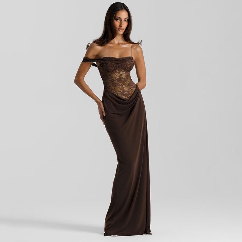 Brown Lace Strappy Maxi Dress