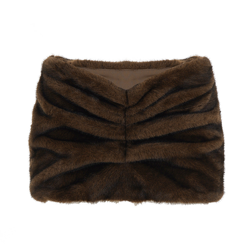 Chocolate Draped Ruched Faux Fur Mini Skirt