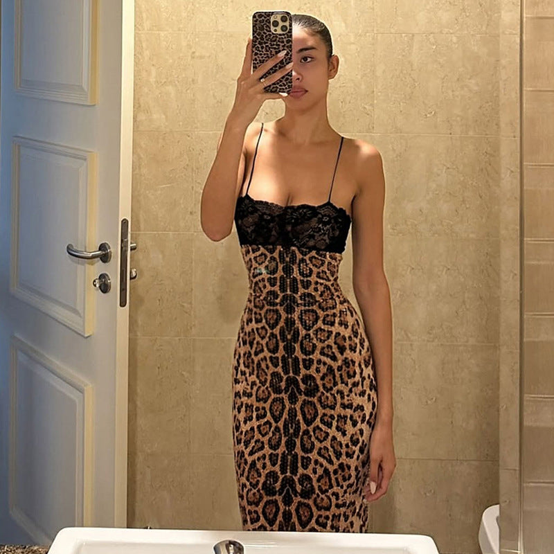 Leopard Lace Strappy Maxi Dress
